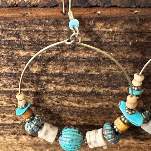 Handmade Western Hippie Copper Wire Turquoise Wooden Beads Drop Earrings, Gift - Picture 4 of 8